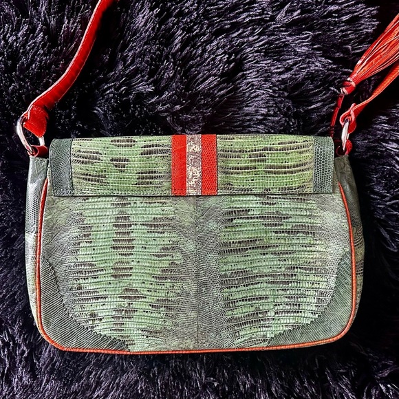 Faux Snakeskin Saddle Bag EUC Green & Orange Tassel Accent - Picture 3 of 12